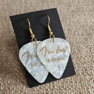 Fender Pearl White Guitar Pick Drop Earrings with Gold Hooks